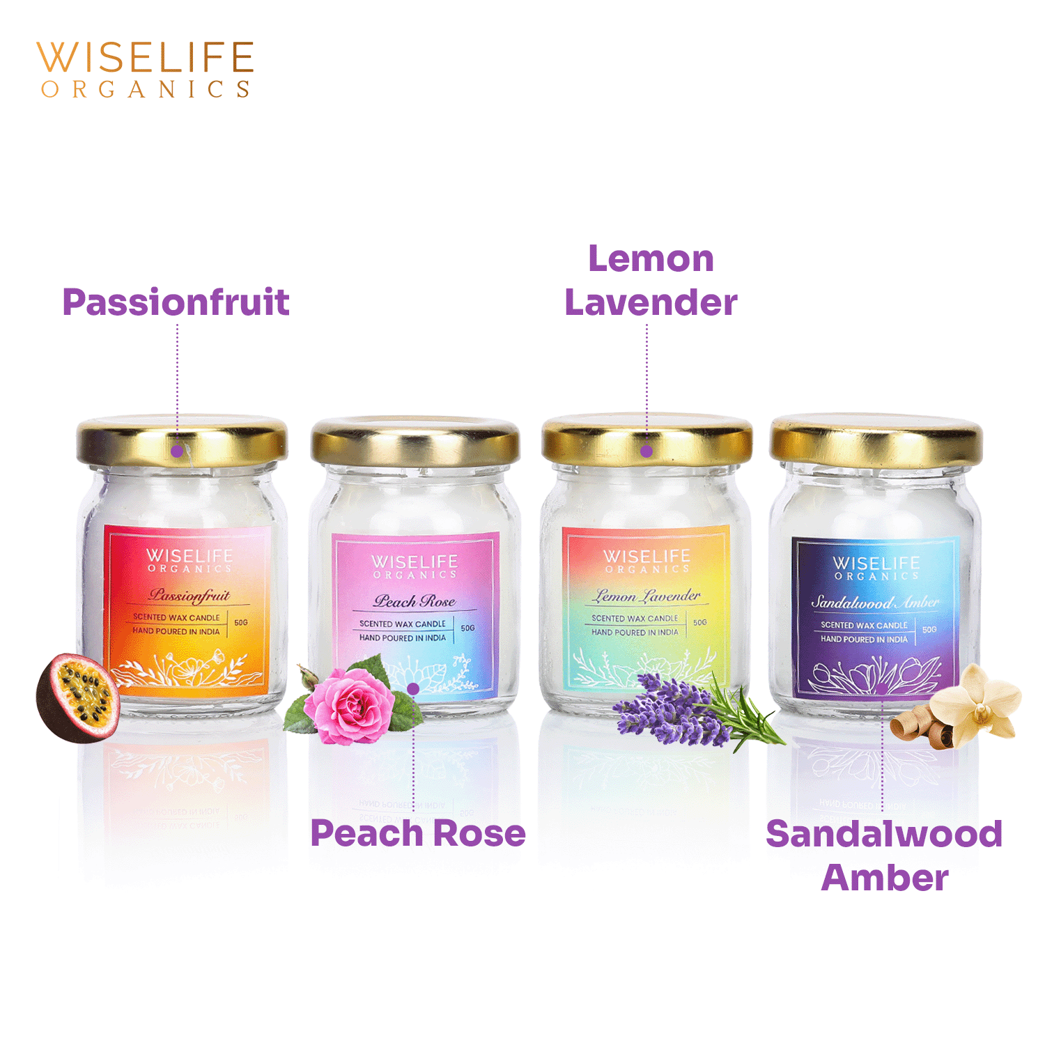 WiseLife Organics Scented Candle Gift Set of 4 candles (50g)