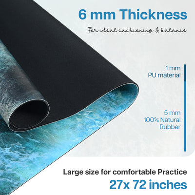 PU Printed & Natural Rubber Yoga Mat - 6mm, Deep Ocean