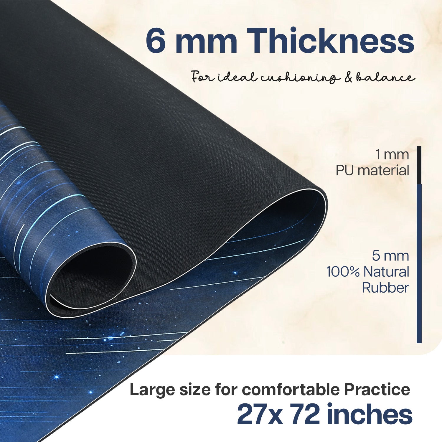 PU Printed & Natural Rubber Yoga Mat - 6mm, Night Sky